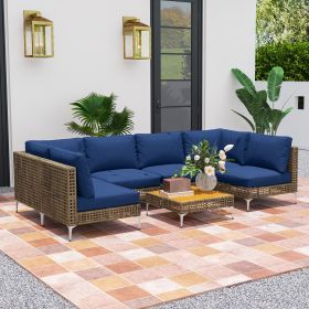 7 Piece Patio Furniture Set (Option: Brown, Dark Blue-760x750x495 mm)